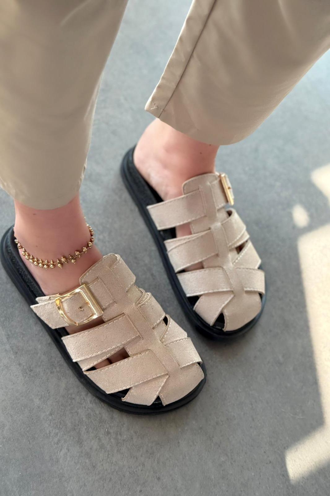 Polra Süet Bej Düz Kadın Terlik - ILOVESHOES