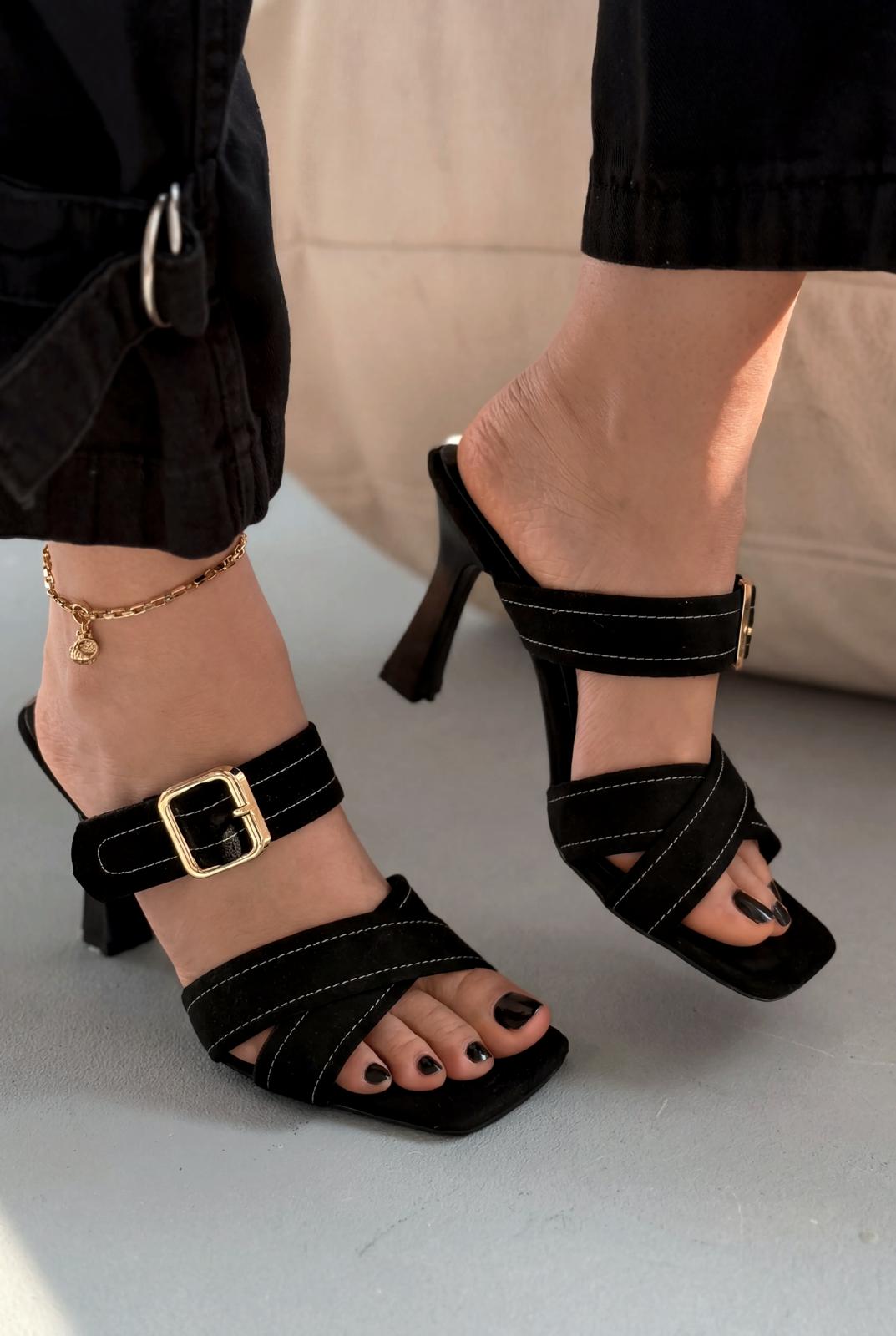 Norden Siyah Süet Kadın Topuklu Terlik - ILOVESHOES
