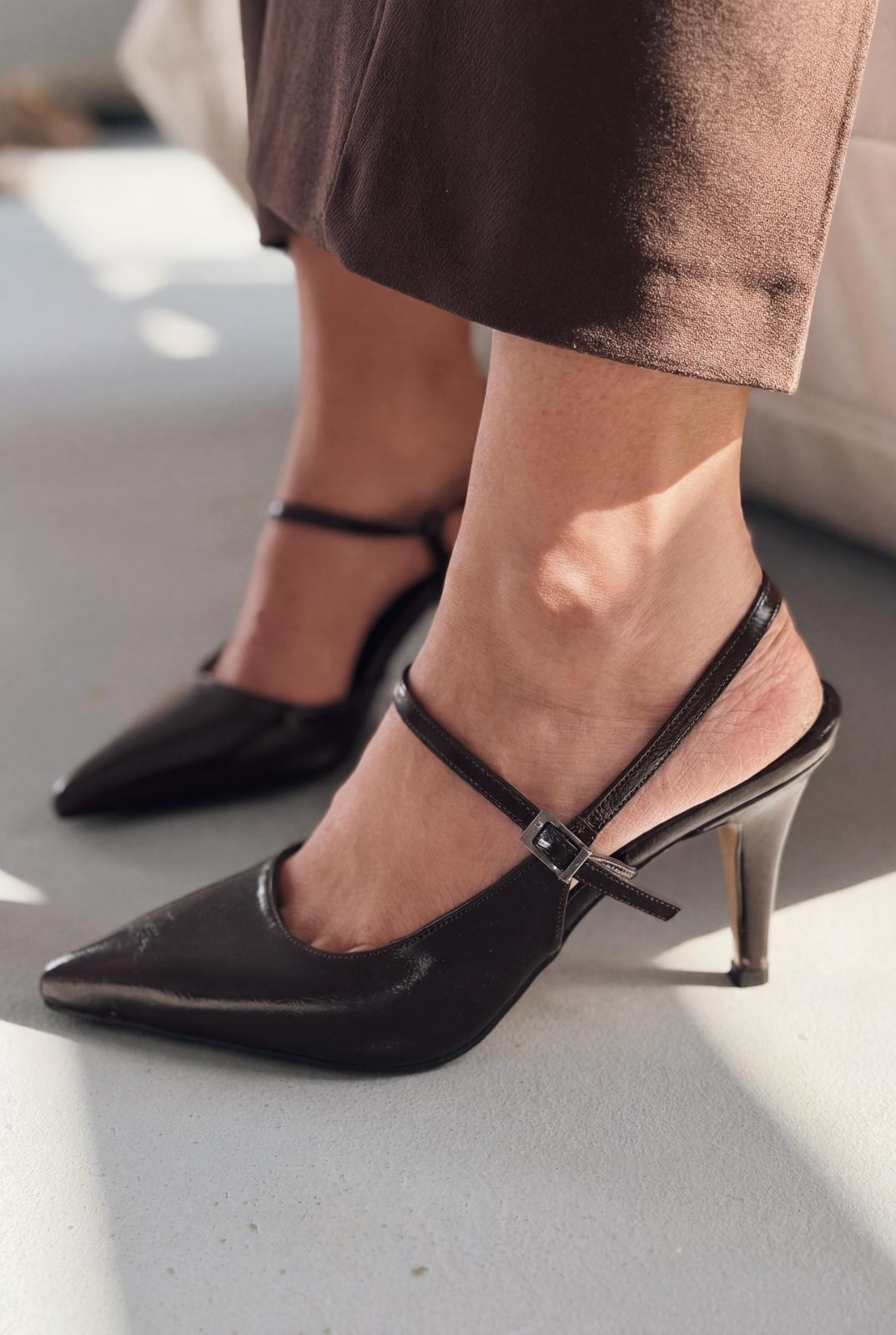 Lorent Acıkahve Kırışık Deri Kadın Stiletto - ILOVESHOES