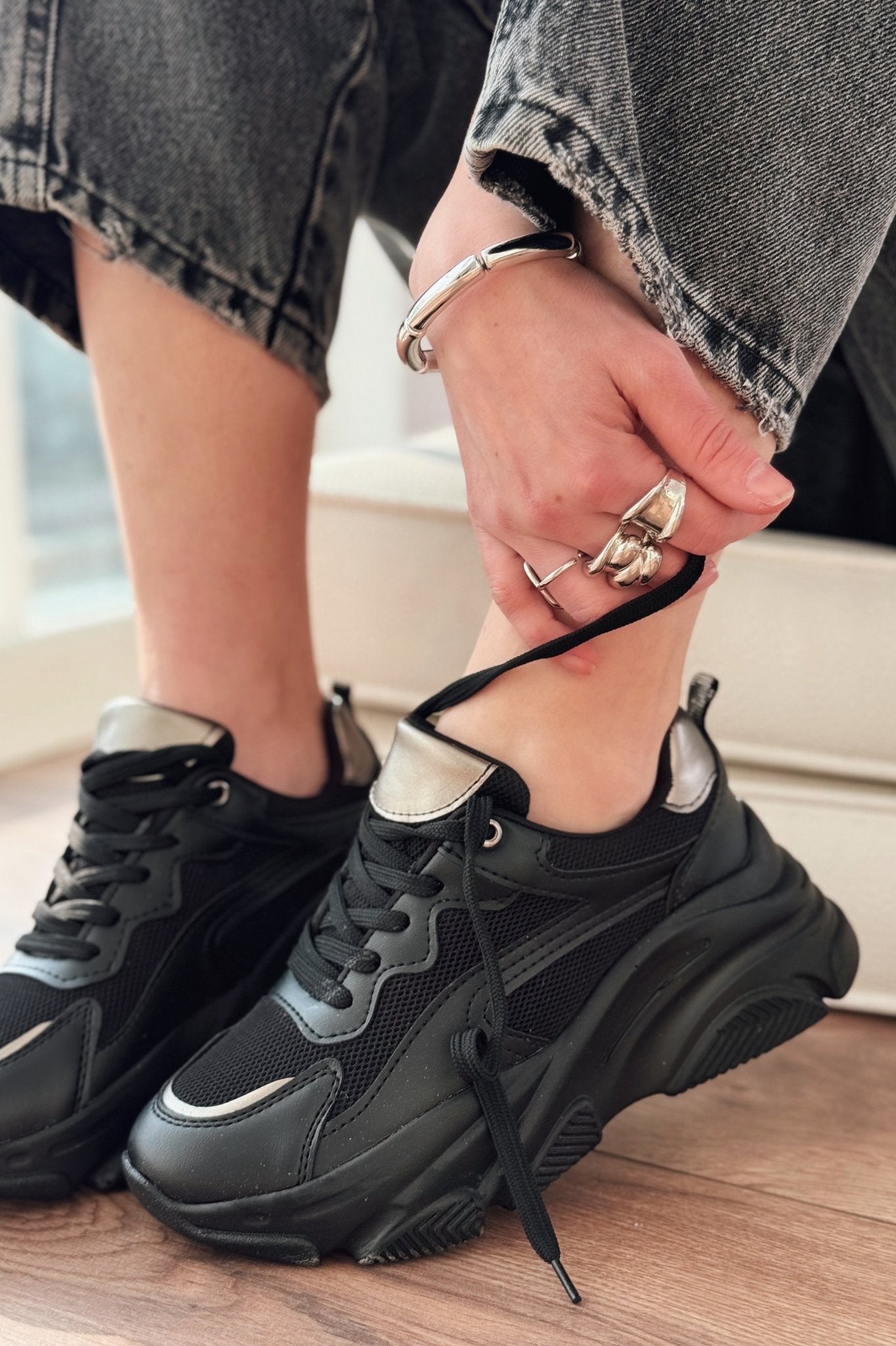 Valenna Platin Bağcıklı Fileli Kadın Spor Ayakkabı - ILOVESHOES