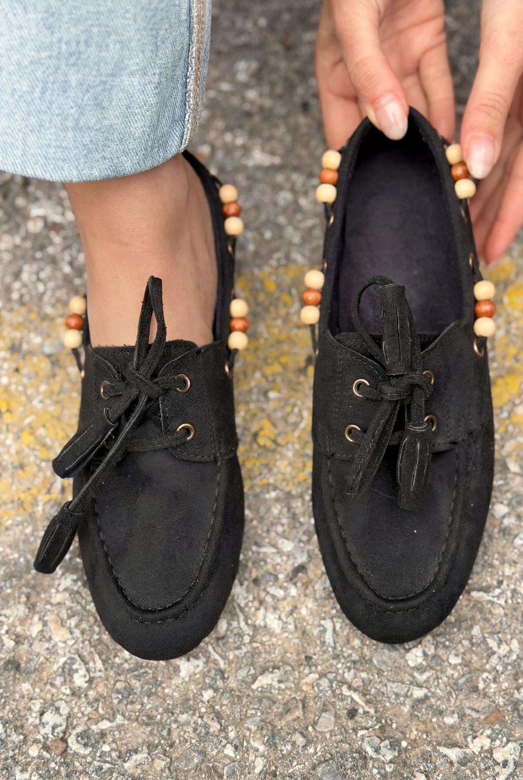 Brion Siyah Süet Kadın Oxford Ayakkabı - ILOVESHOES