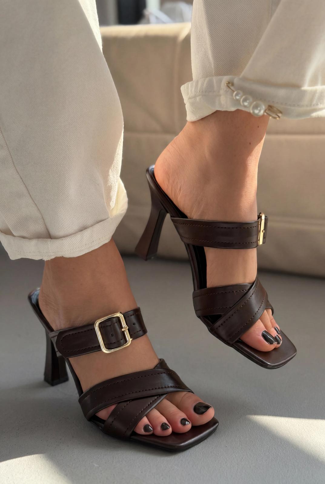 Norden Acıkahve Mat Deri Kadın Topuklu Terlik - ILOVESHOES