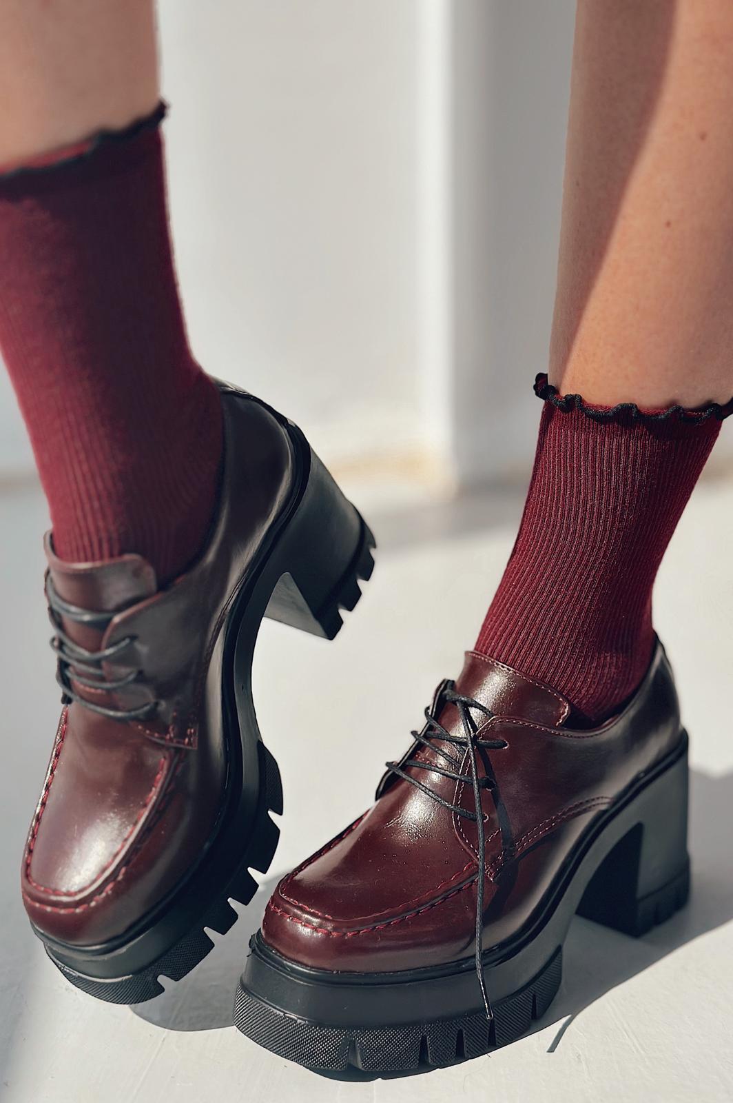 Sapetos Kalın Taban Topuklu Kadın Loafer Bordo Mat Rugan - ILOVESHOES