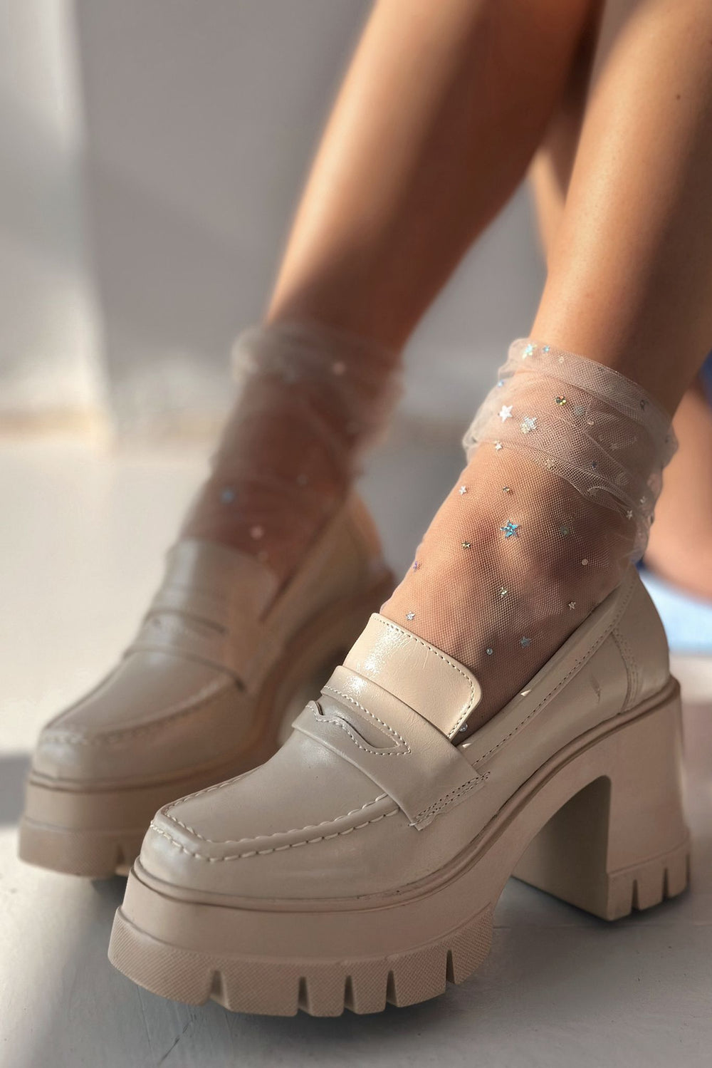 Passeta Kalın Taban Topuklu Kadın Loafer Bej Mat Rugan - ILOVESHOES