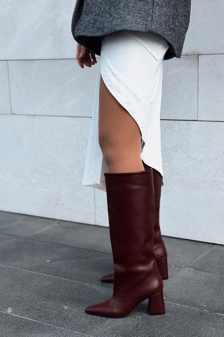 Jarlene Kadın Topuklu Çizme Bordo Mat Deri - ILOVESHOES