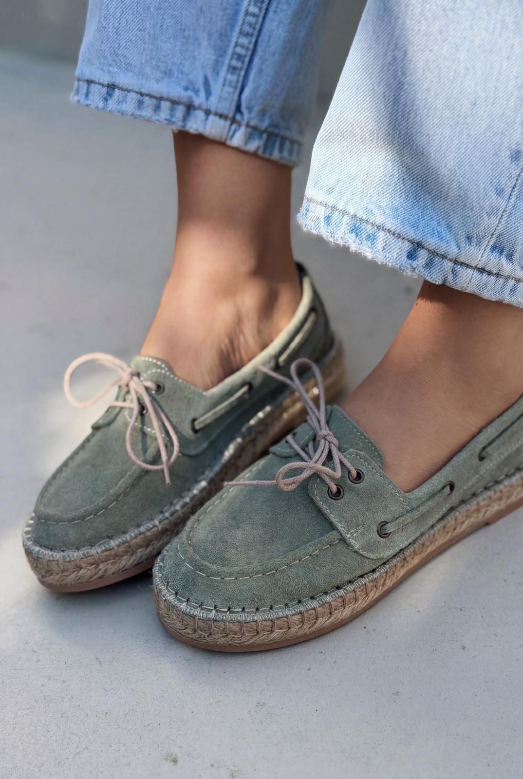 Selora Bağcıklı Espadril Yeşil Hakiki Süet - ILOVESHOES