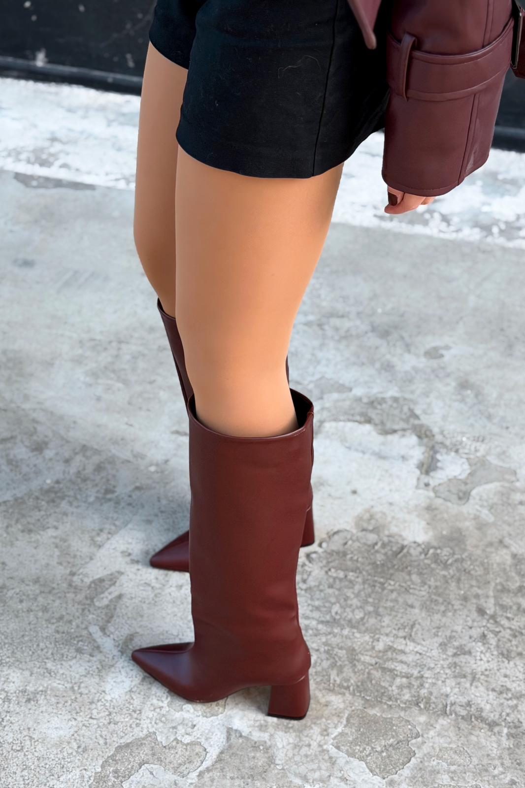 Jarlene Kadın Topuklu Çizme Bordo Mat Deri - ILOVESHOES