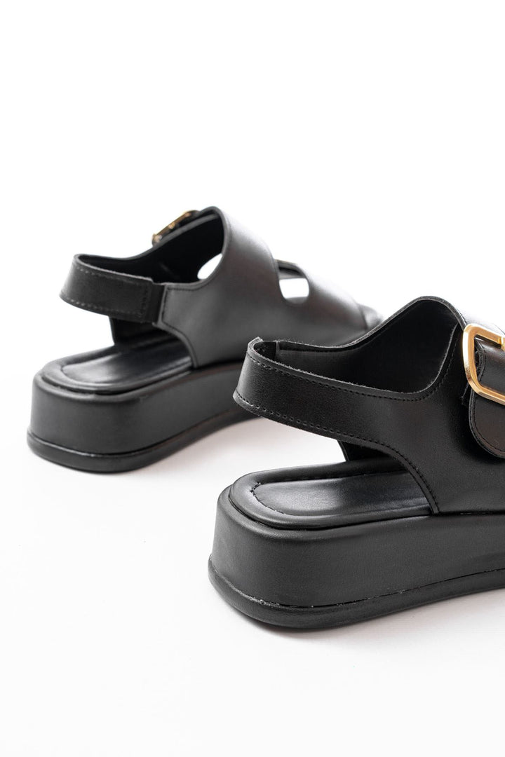 Borea Mat Deri Siyah Baretli Kadın Sandalet - ILOVESHOES