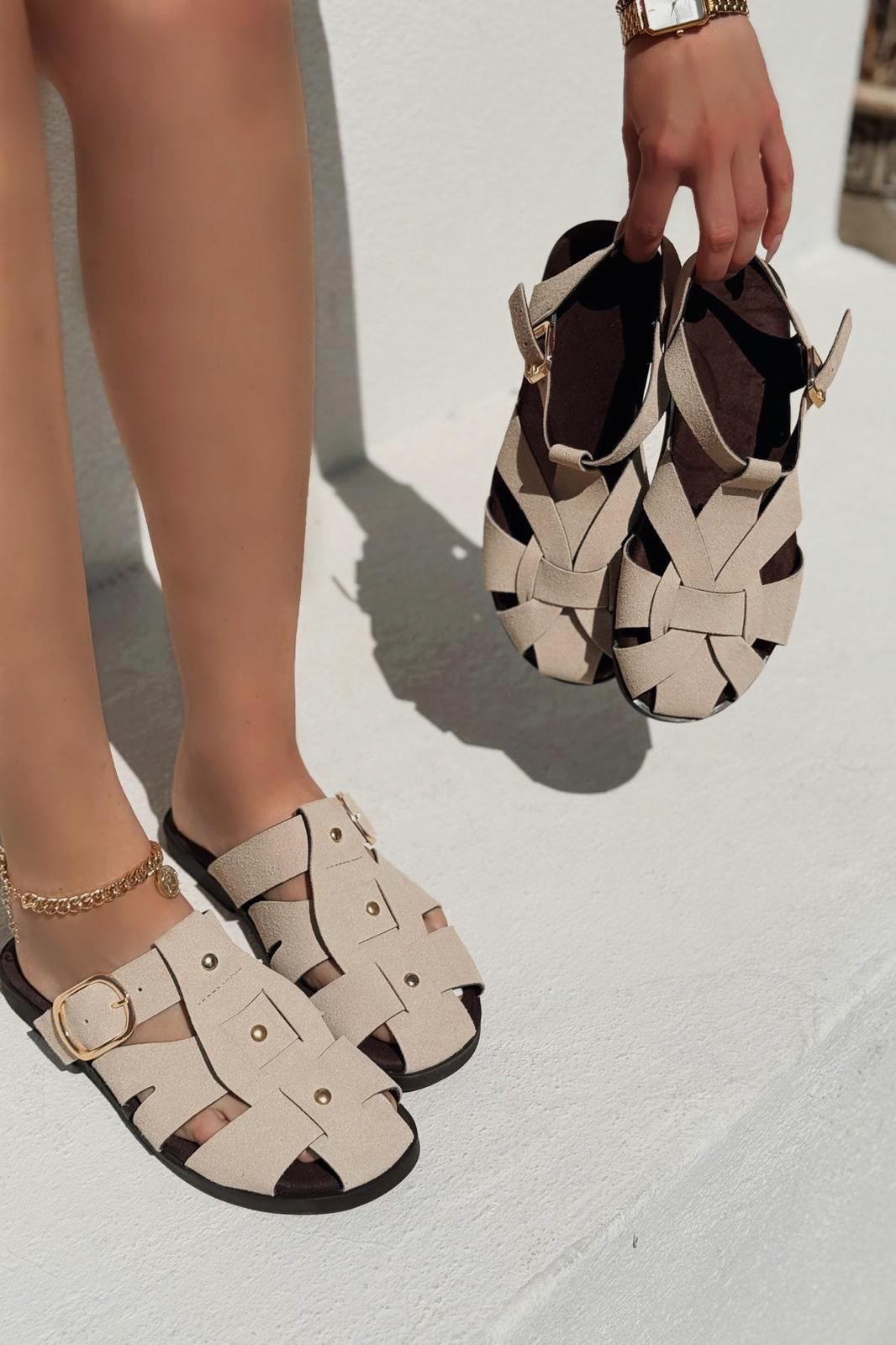Valen Süet Bej Düz Kadın Sandalet - ILOVESHOES