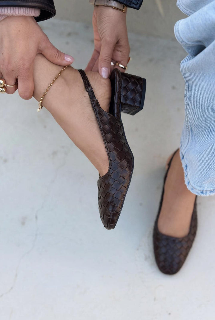 Solen Mary jane Topuklu Ayakkabı Acıkahve Mat Deri Örgü Detaylı - ILOVESHOES