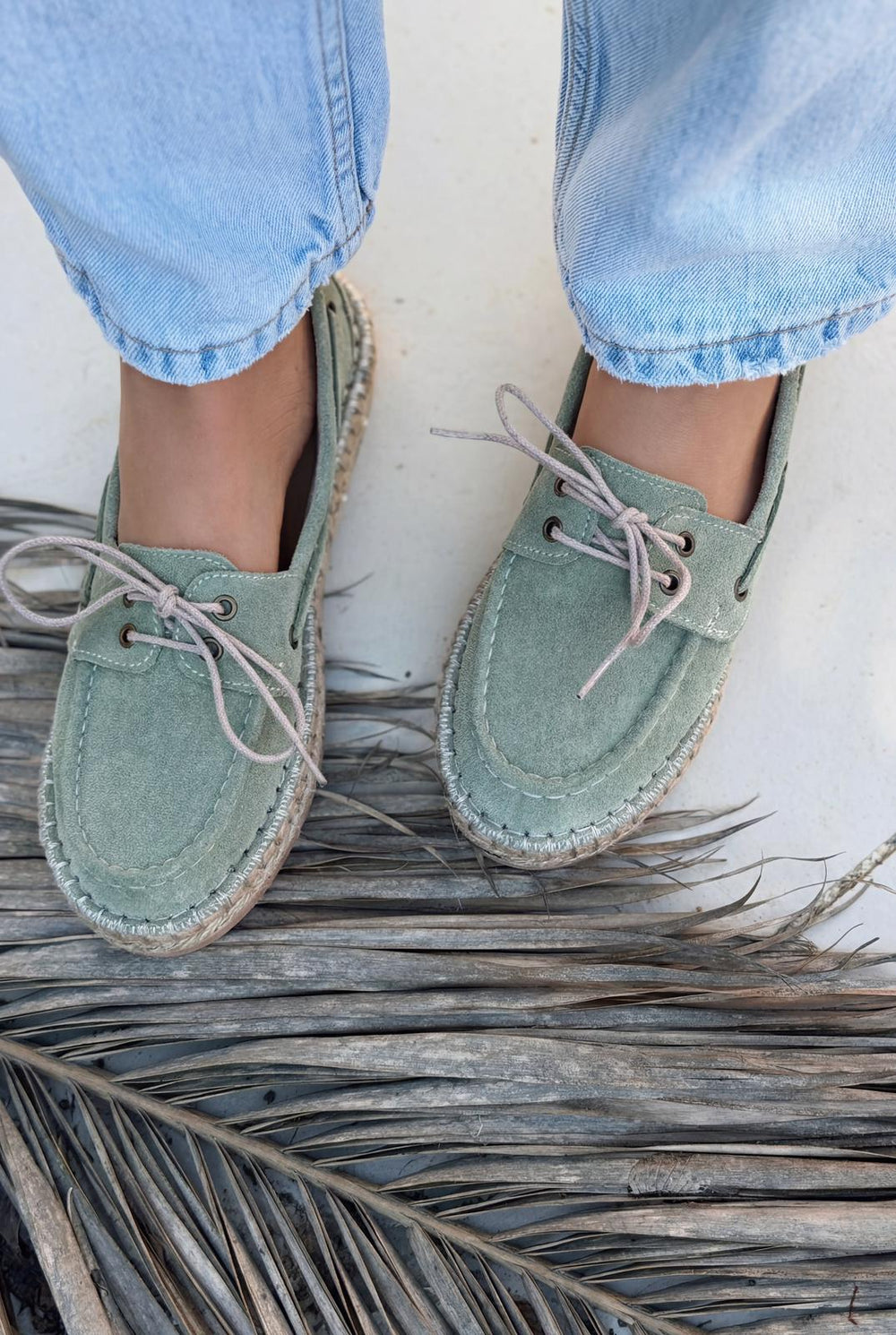 Selora Bağcıklı Espadril Yeşil Hakiki Süet - ILOVESHOES
