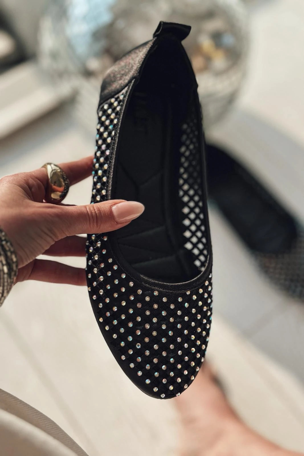 Ronetta Satin Stone Detailed Ballerinas Black