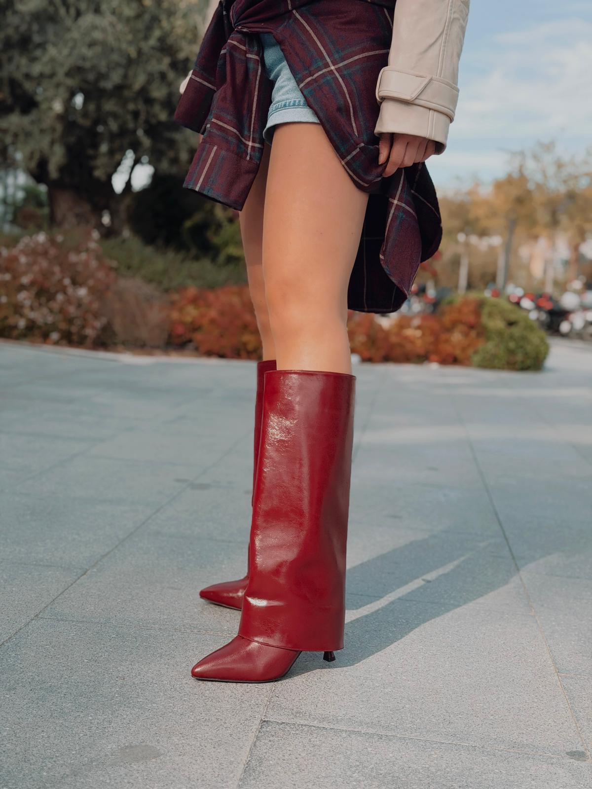 Lencie Kadın Topuklu Çizme Bordo Kırışık Rugan - ILOVESHOES