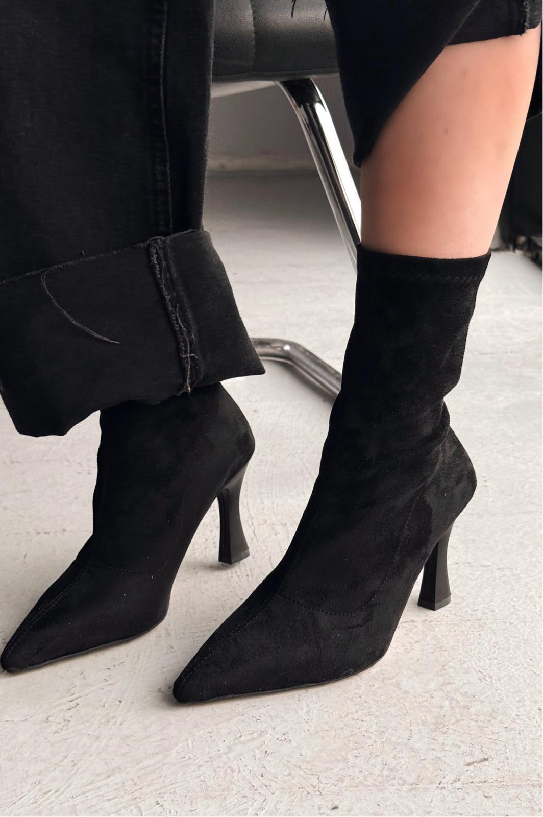 Jedaws Süet İnce Topuklu Çorap Bot Siyah - ILOVESHOES