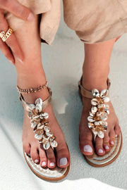 Wanids Parlak Saten Gold Deniz Kabuğu Detaylı Parmak Arası Sandalet - ILOVESHOES