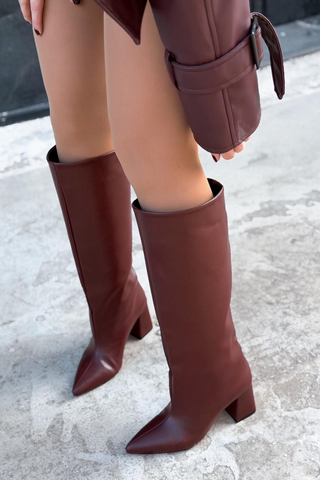 Jarlene Kadın Topuklu Çizme Bordo Mat Deri - ILOVESHOES