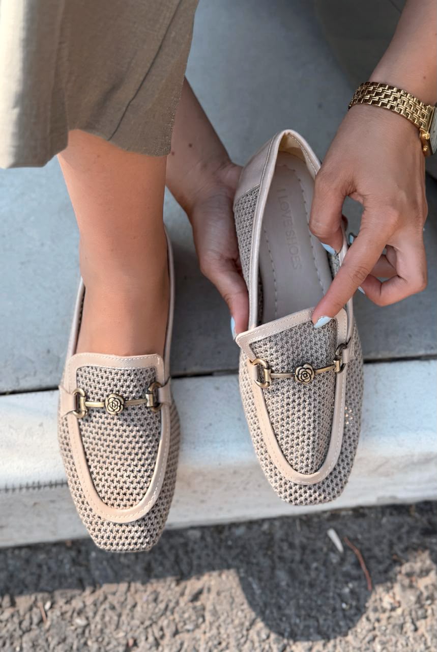Raviel Bej Triko Örgü Kadın Loafer - ILOVESHOES