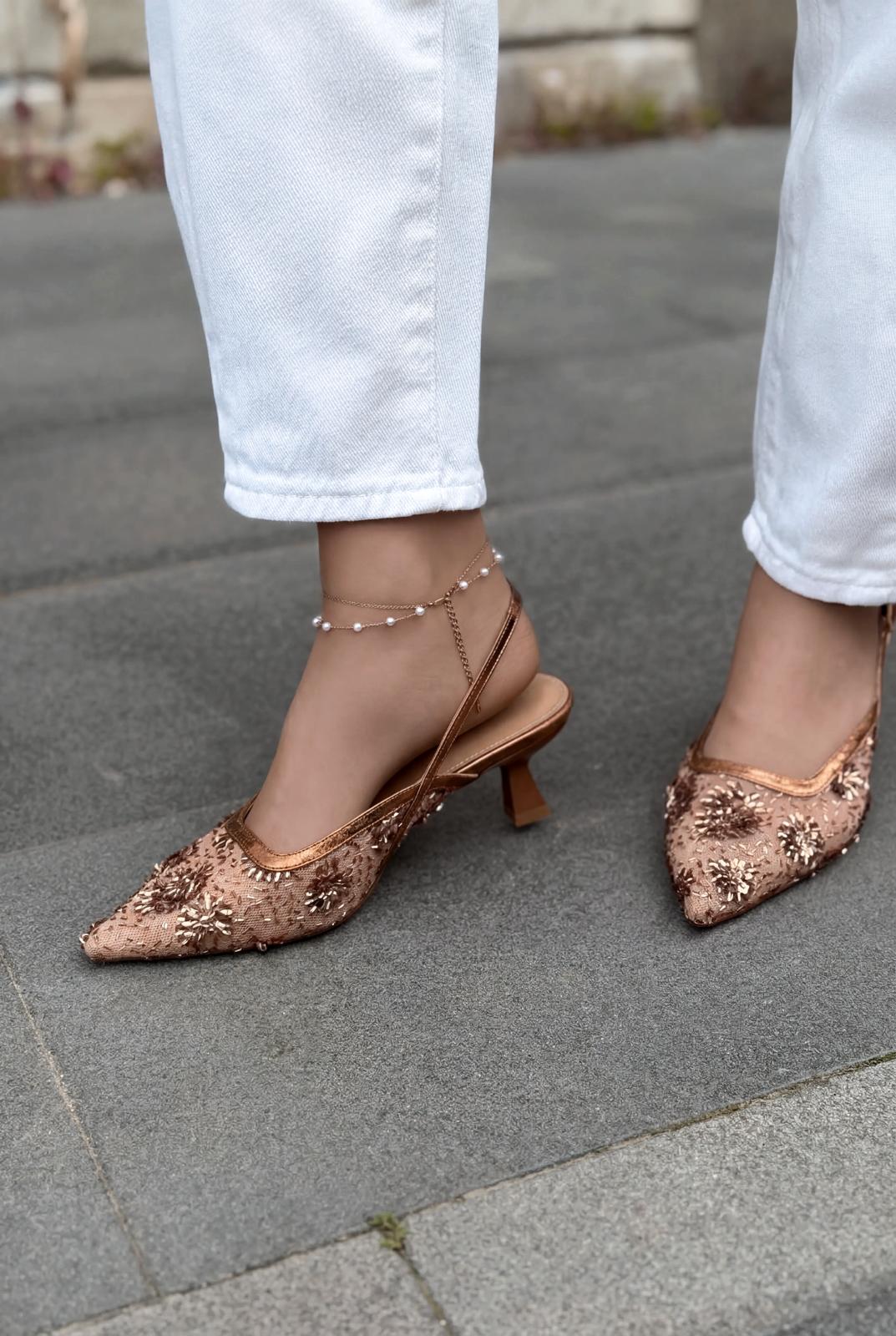 Serona Stiletto Bronz Nakışlı - ILOVESHOES