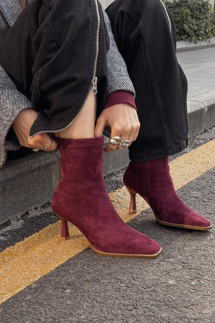 Alderie Kadın Topuklu Bot Bordo Süet - ILOVESHOES