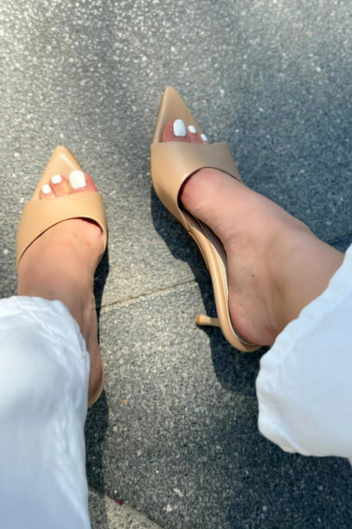 Yonspe Mat Deri İnce Topuklu Terlik Nude - ILOVESHOES