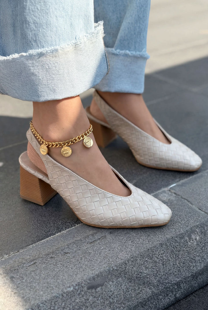 Meladina Topuklu Ayakkabı Bej Mat Deri Örgü Desenli - ILOVESHOES