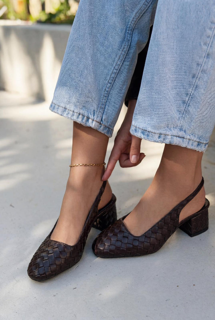 Solen Mary jane Topuklu Ayakkabı Acıkahve Mat Deri Örgü Detaylı - ILOVESHOES