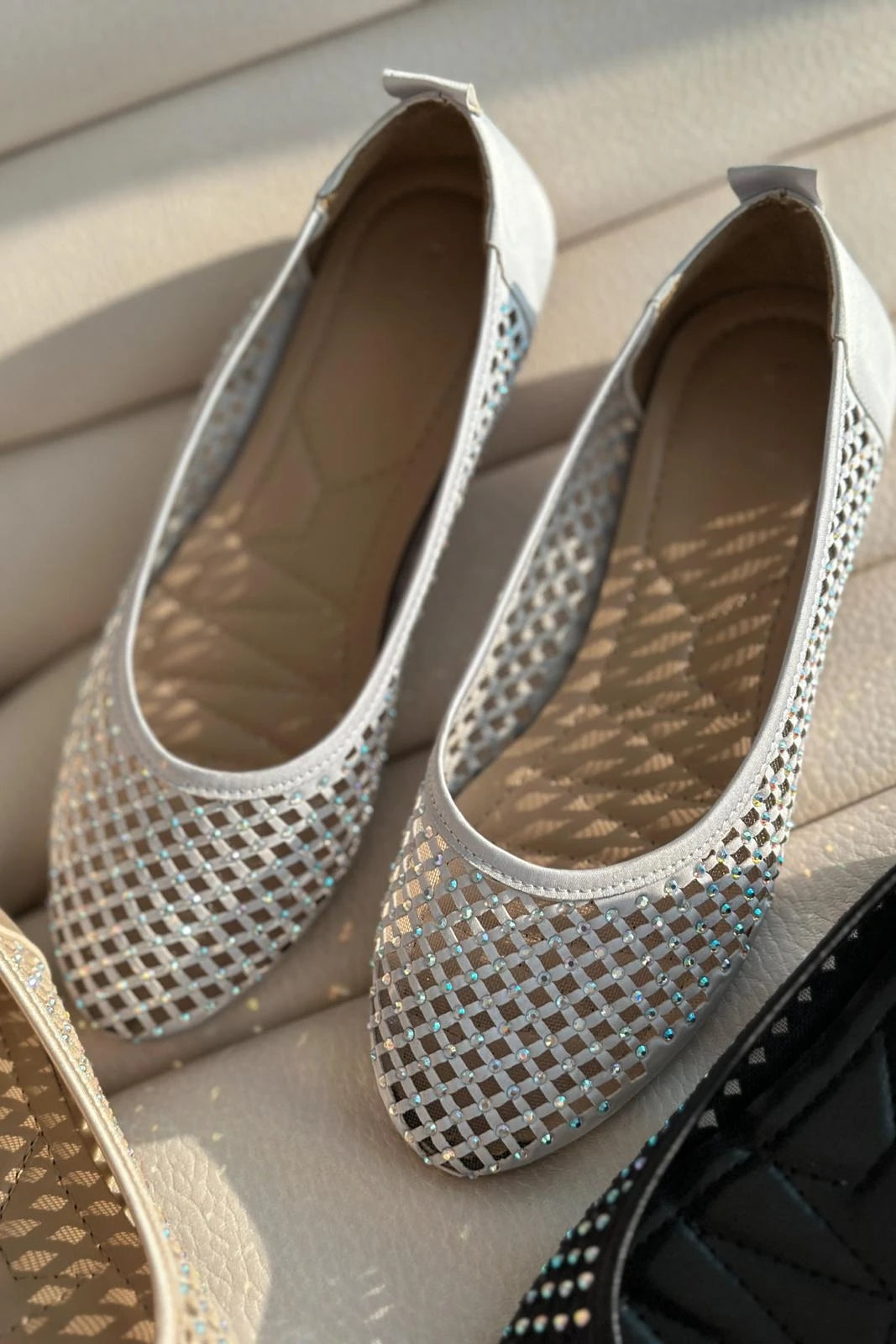 Ronetta Satin Stone Detailed Ballerinas Silver