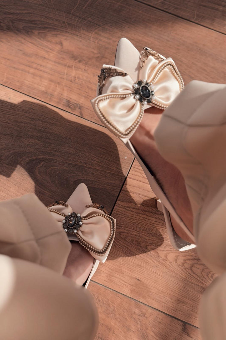 Dessa Topuklu Ayakkabı Bej Saten Fiyonk Detaylı - ILOVESHOES