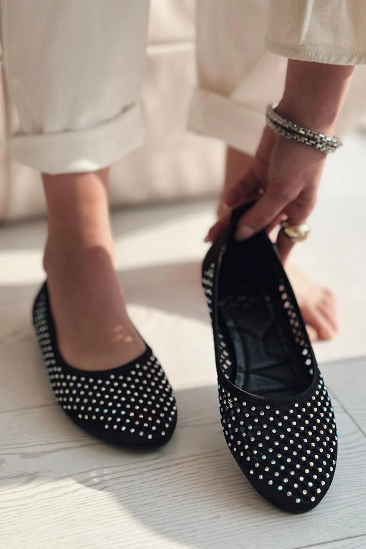 Ronetta Satin Stone Detailed Ballerinas Black