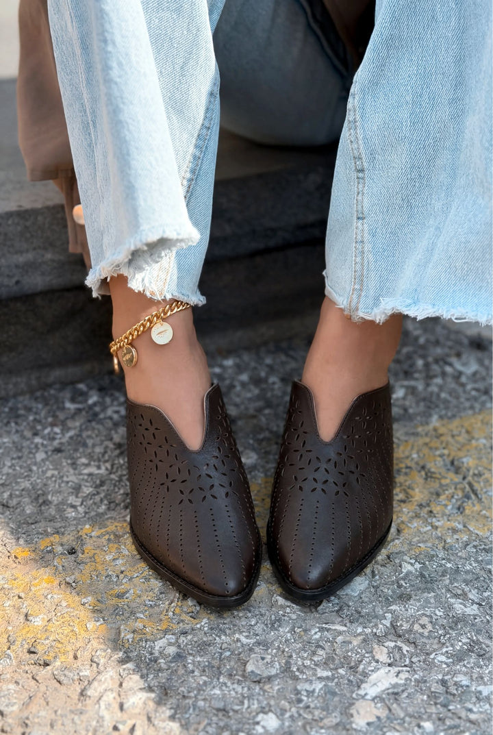 Noravina Hakiki Deri Topuklu Terlik Acıkahve - ILOVESHOES