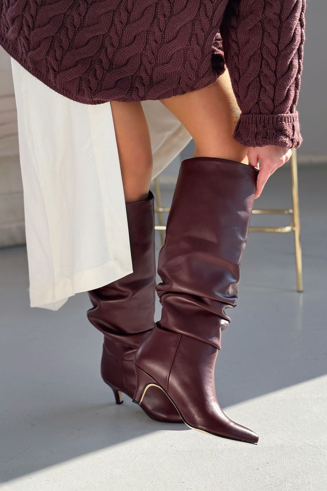 Sollet Bordo İnce Topuklu Günlük Kadın Çizme - ILOVESHOES