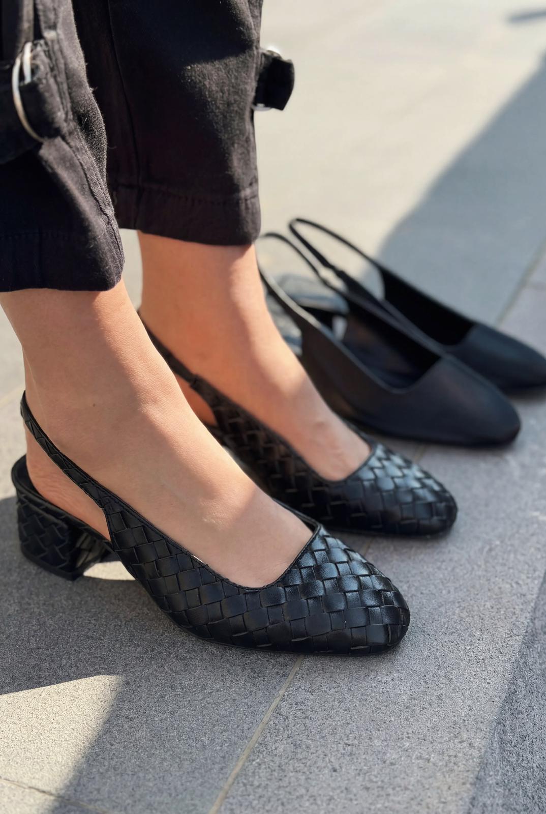 Solen Mary jane Topuklu Ayakkabı Siyah Mat Deri Örgü Detaylı - ILOVESHOES