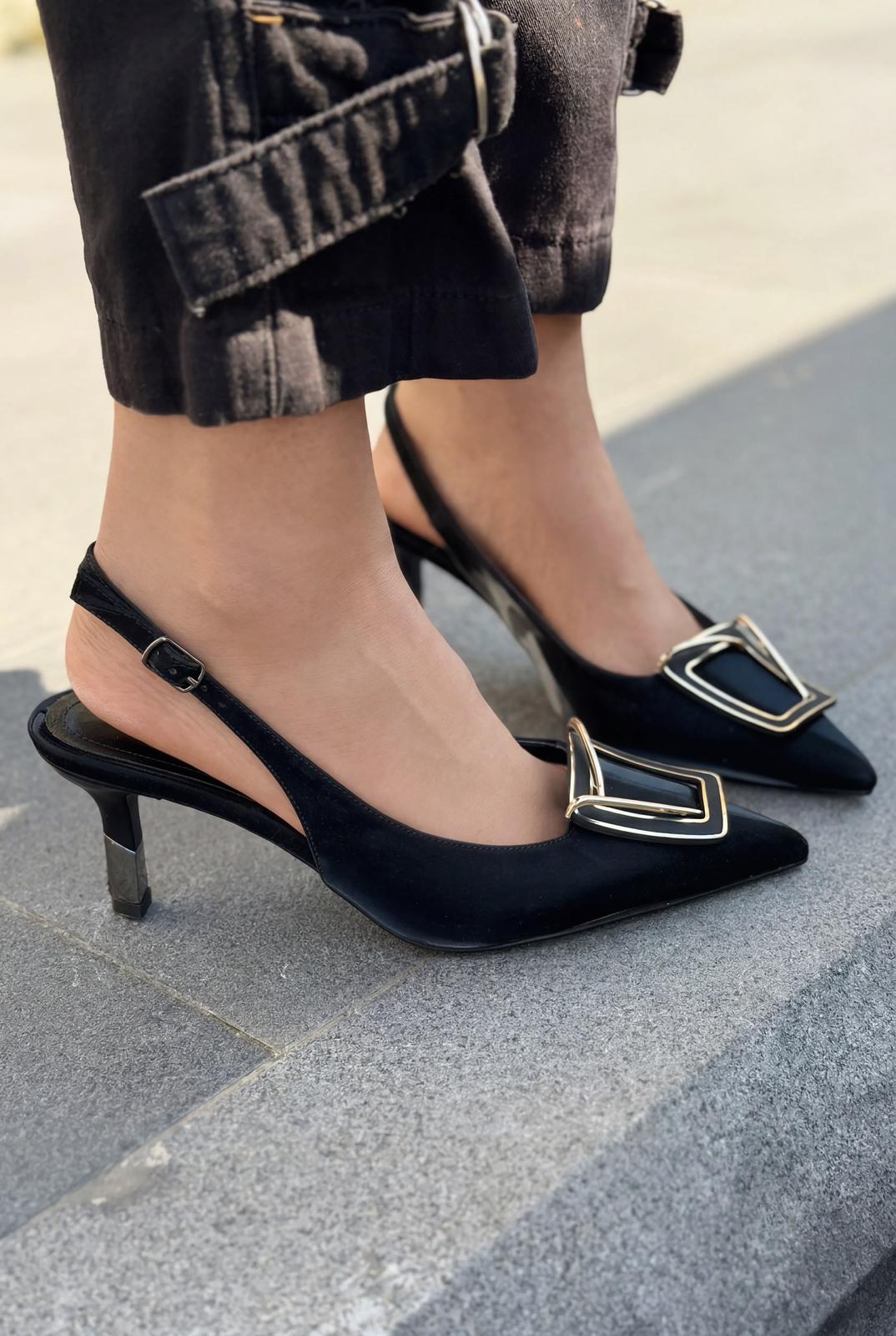 Talvine Stiletto Siyah Saten - ILOVESHOES