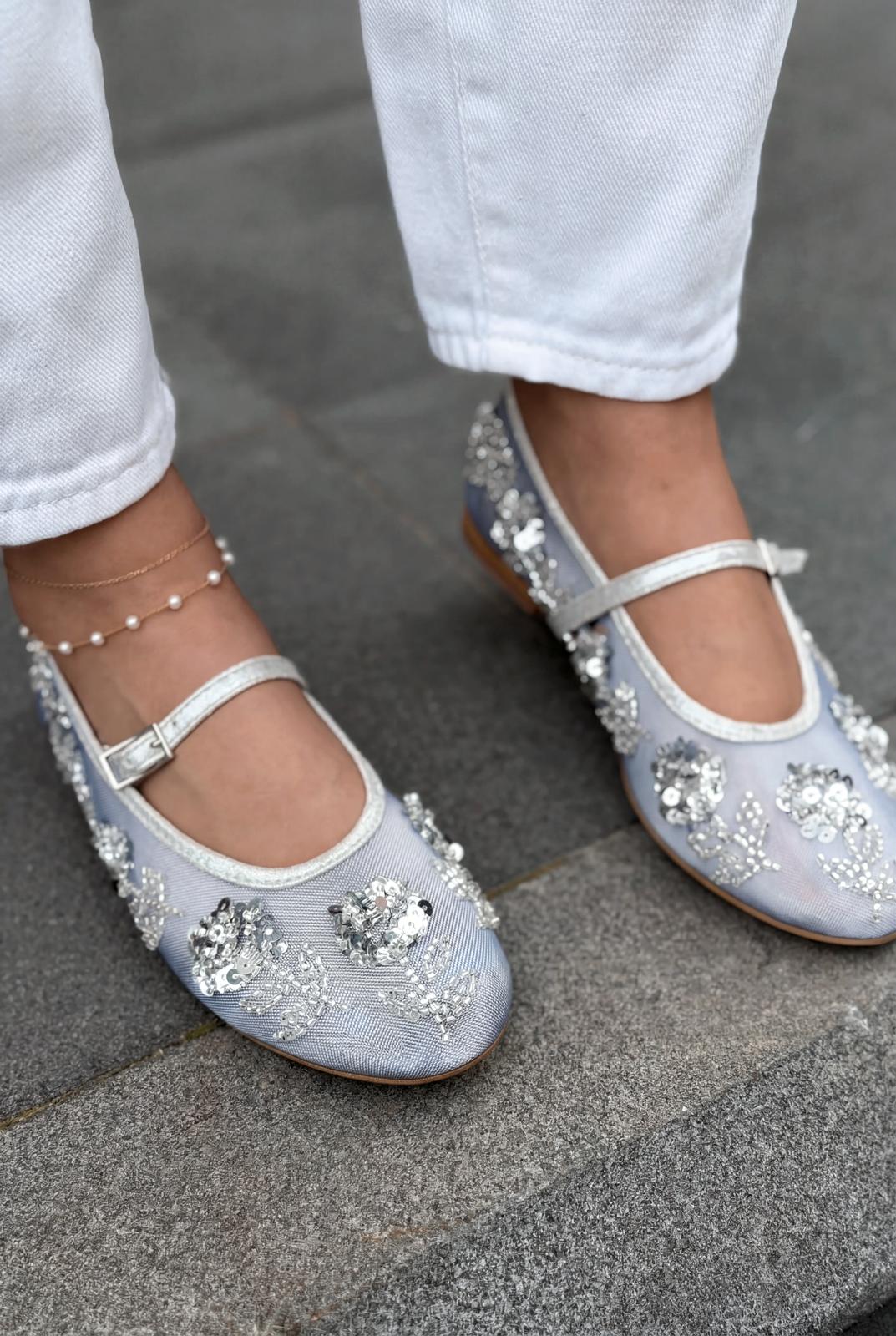 Telora Kadın Babet Gümüş Nakışlı - ILOVESHOES