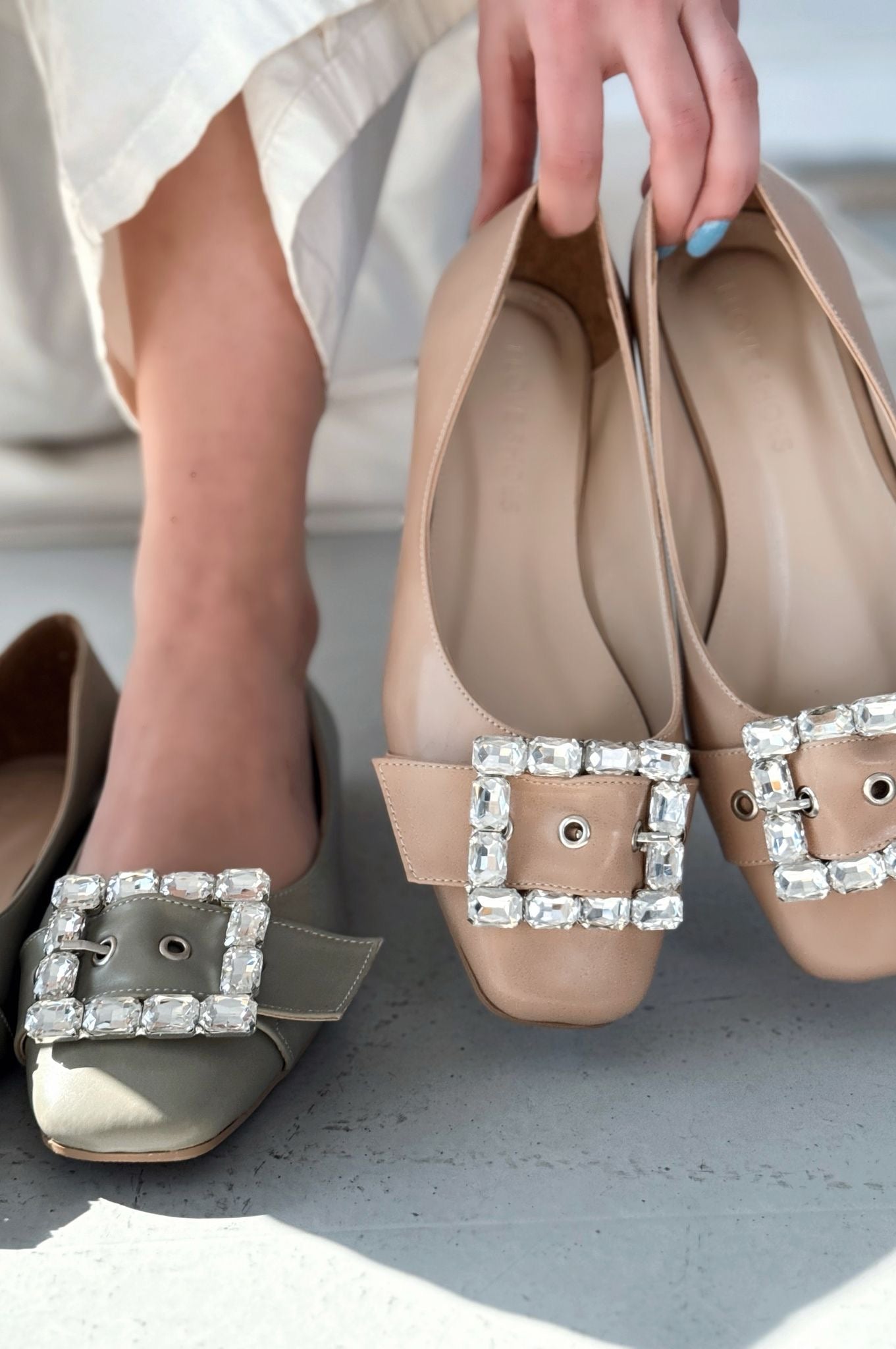 Woned Mat Deri Su Yeşili Taş Detaylı Kadın Babet - ILOVESHOES