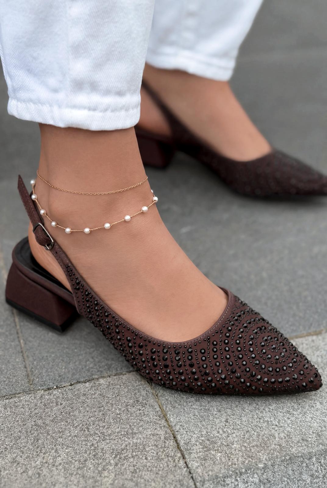 Dunes Topuklu Ayakkabı Acıkahve Saten Siyah Taşlı - ILOVESHOES