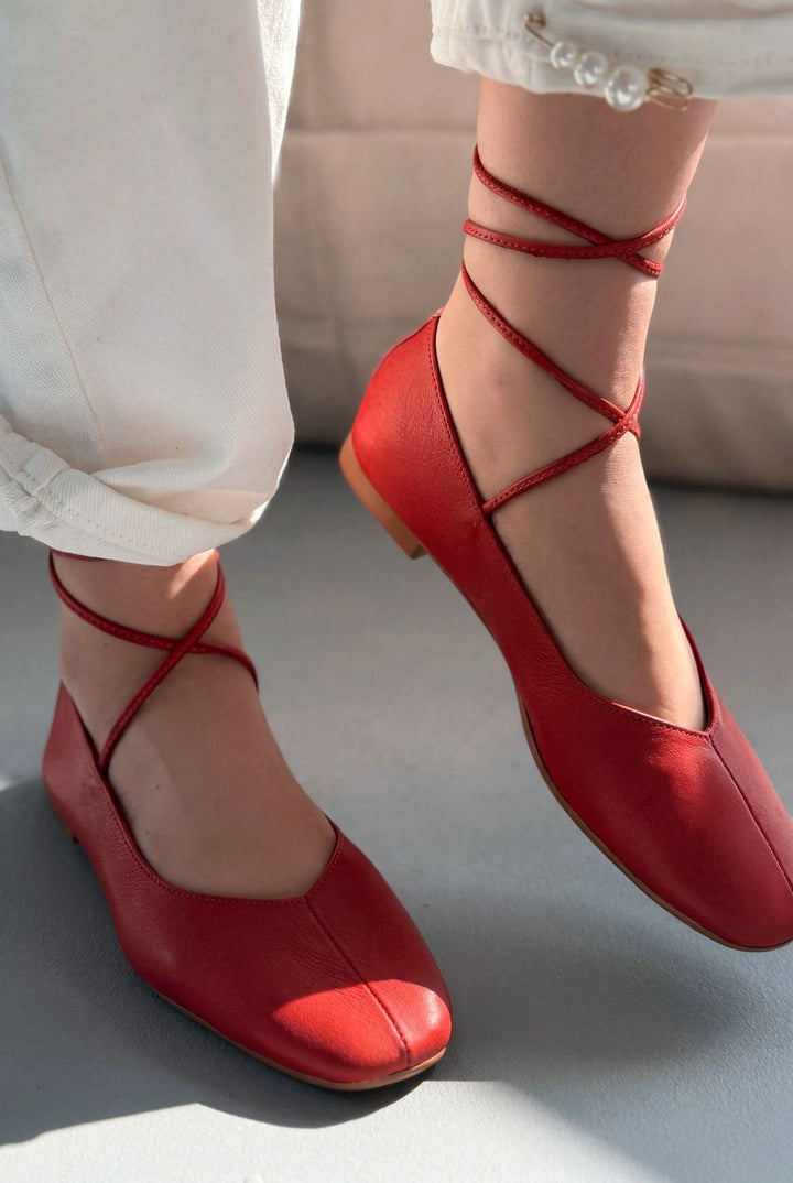 Morven Hakiki Deri Kırmızı Kadın Babet - ILOVESHOES