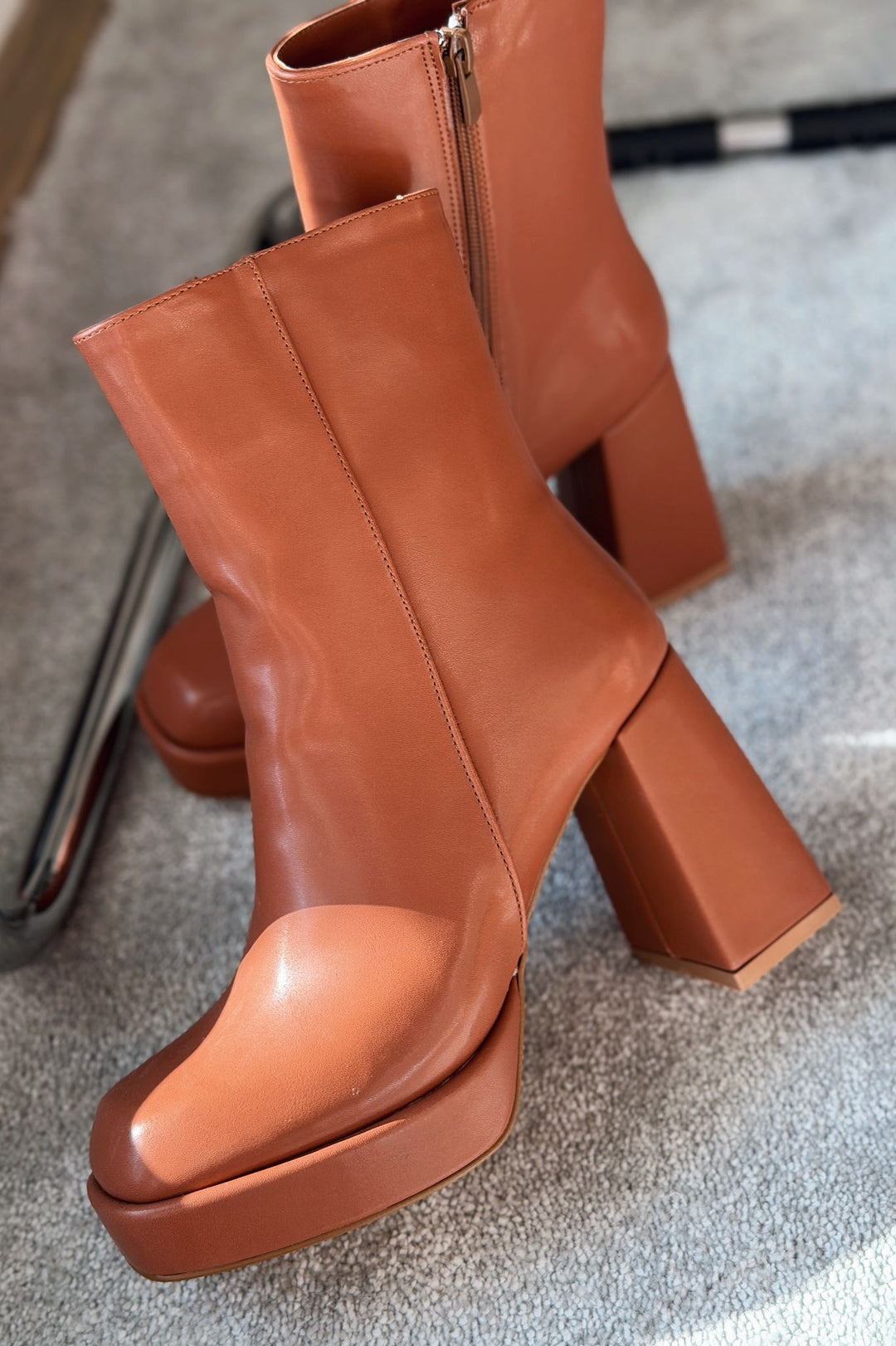 Rivoks Mat Deri Platform Topuklu Bot Taba - ILOVESHOES