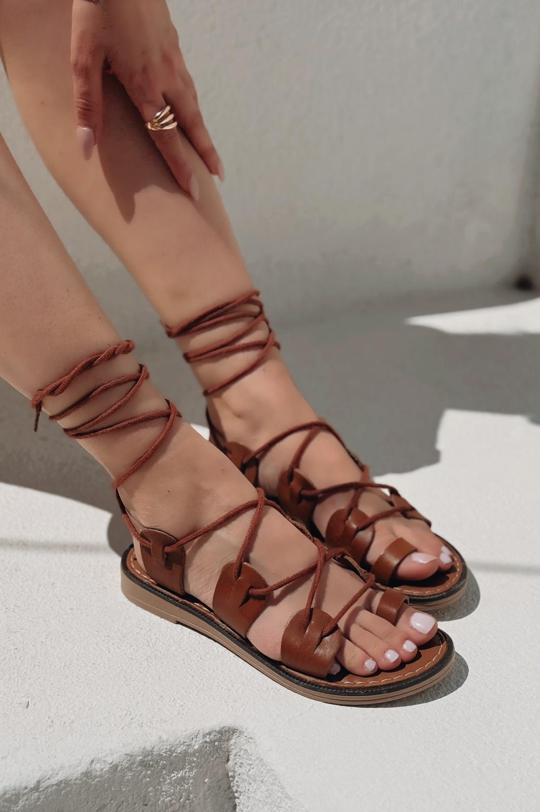 Aliris Hakiki Deri Taba Bağcıklı Düz Kadın Sandalet - ILOVESHOES