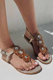 Leston Parlak Saten Taş Detaylı Kadın Sandalet Gold - ILOVESHOES