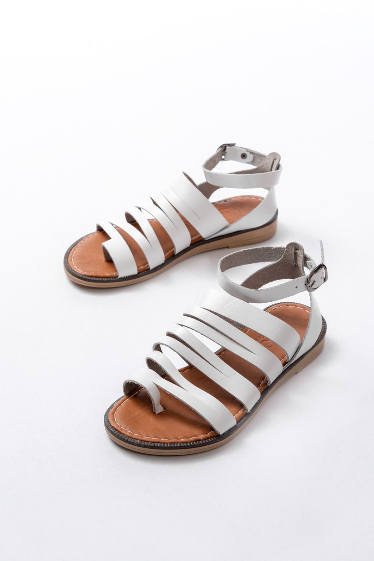 Monya Hakiki Deri Beyaz Düz Kadın Sandalet - ILOVESHOES