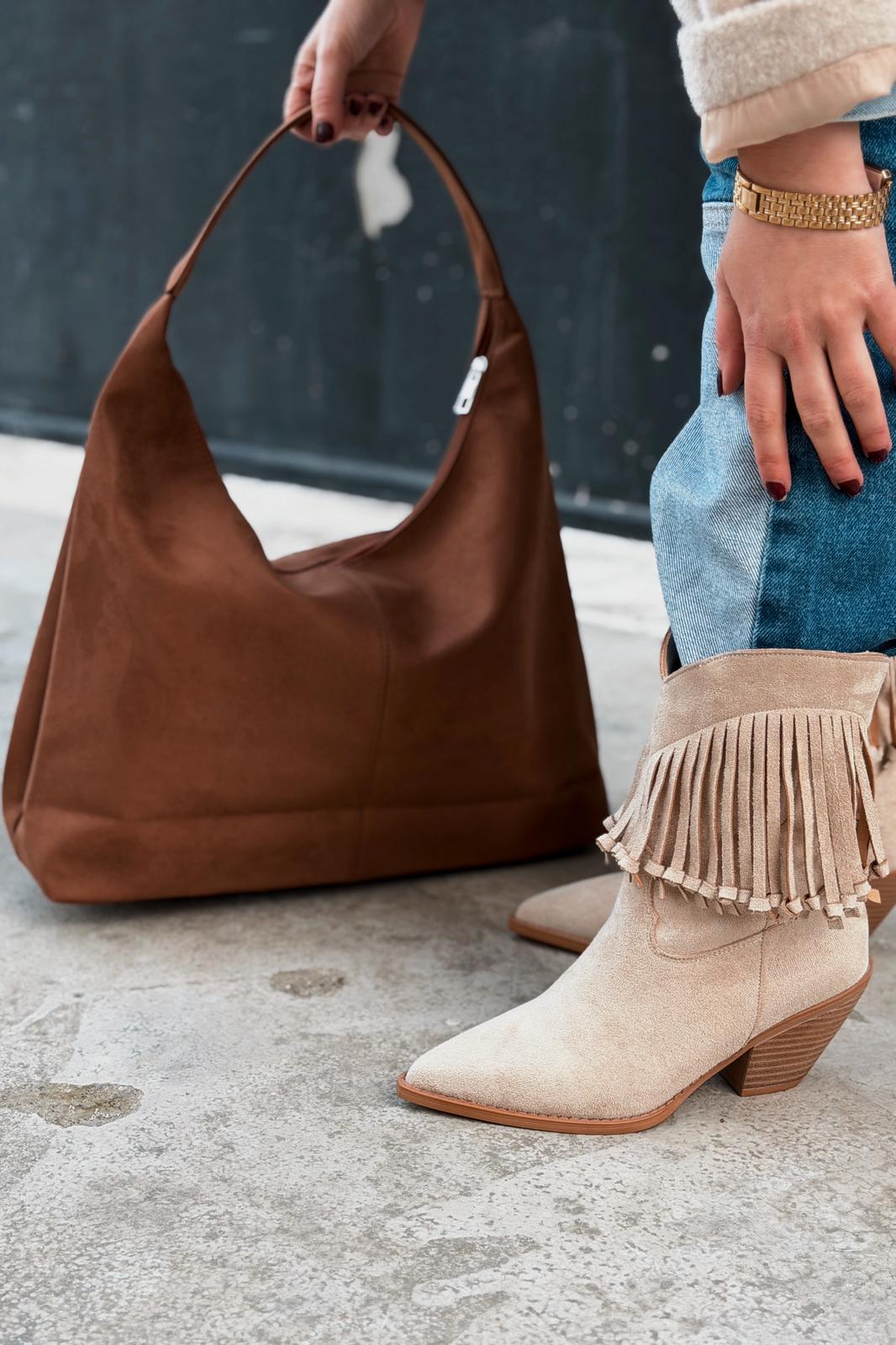 Iserne Kadın Kovboy Bot Bej Süet Püsküllü - ILOVESHOES