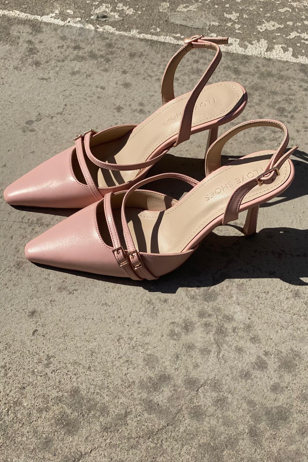 Telmor Mat Deri Bant Detaylı Yüksek Topuklu Stiletto Pudra - ILOVESHOES