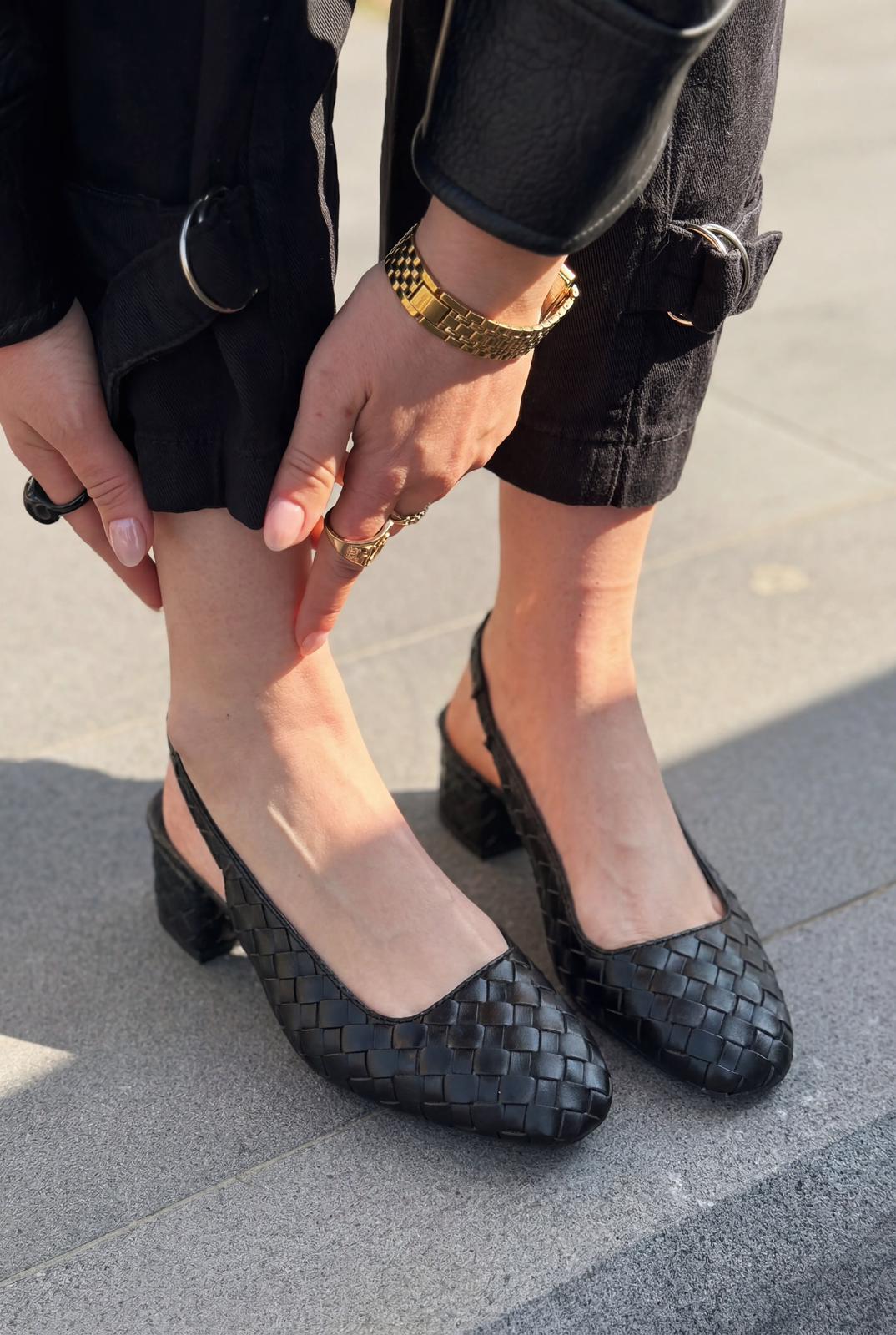 Solen Mary jane Topuklu Ayakkabı Siyah Mat Deri Örgü Detaylı - ILOVESHOES