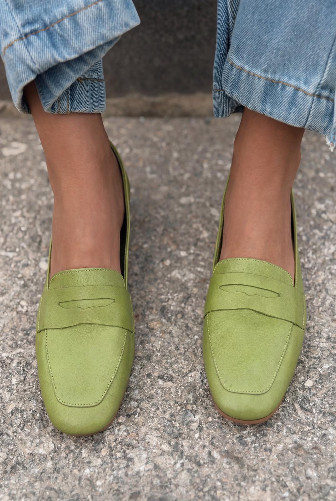 Melniel Hakiki Deri Kadın Loafer Yeşil - ILOVESHOES