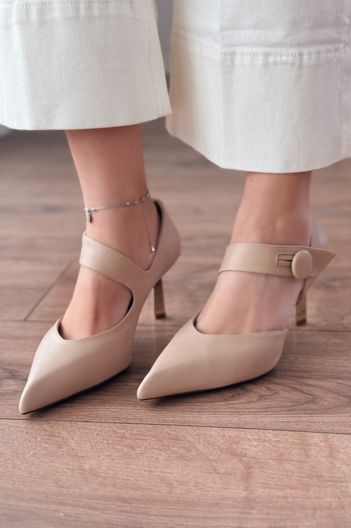 Wasord Mat Deri Düğme Detaylı Stiletto Nude
