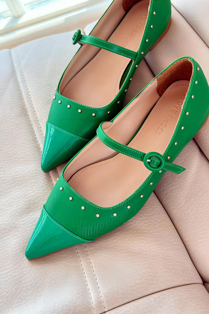 Panilo Mat Deri Zımba Detaylı Yeşil Kadın Babet - ILOVESHOES