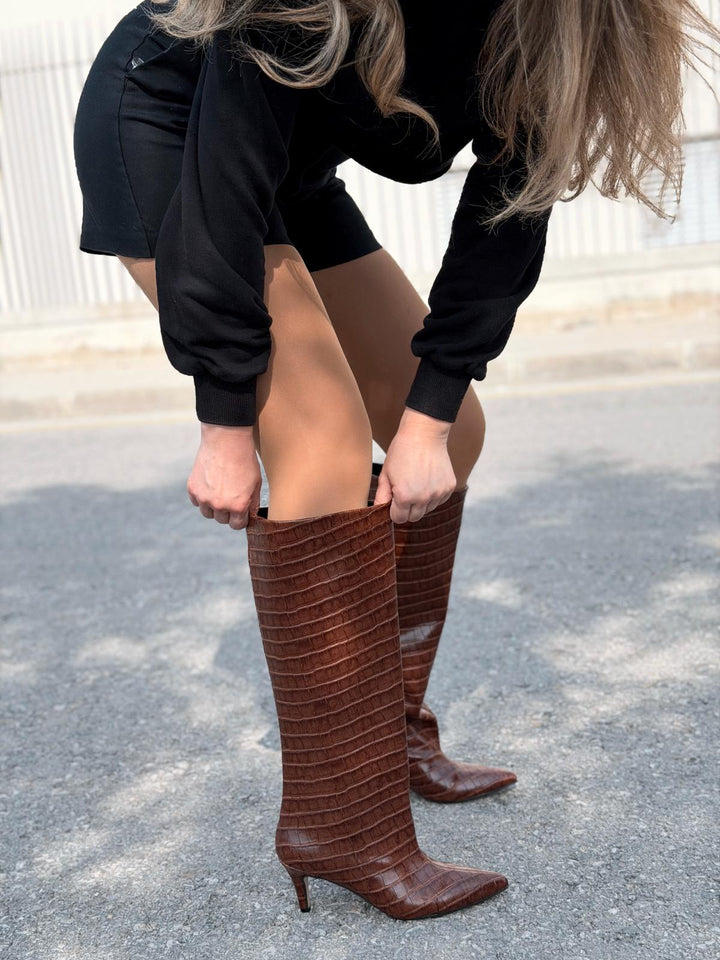 Gwen Desenli Kadın Çizme Taba - ILOVESHOES