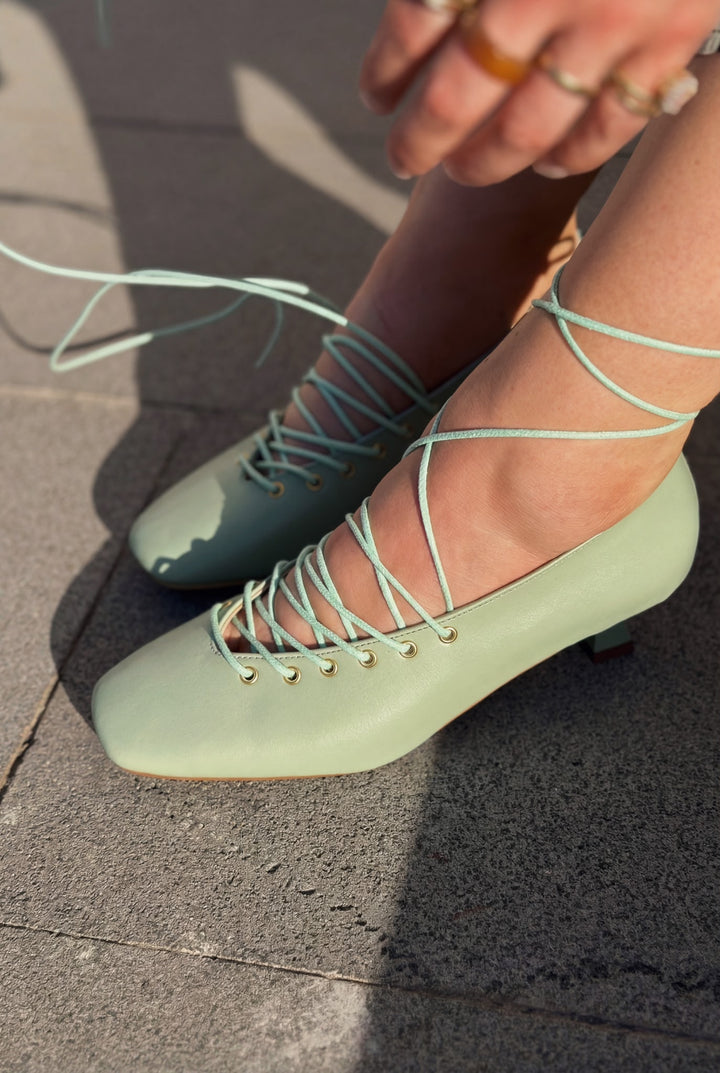 Sernis Su Yeşili Mat Deri Kadın Topuklu Ayakkabı - ILOVESHOES
