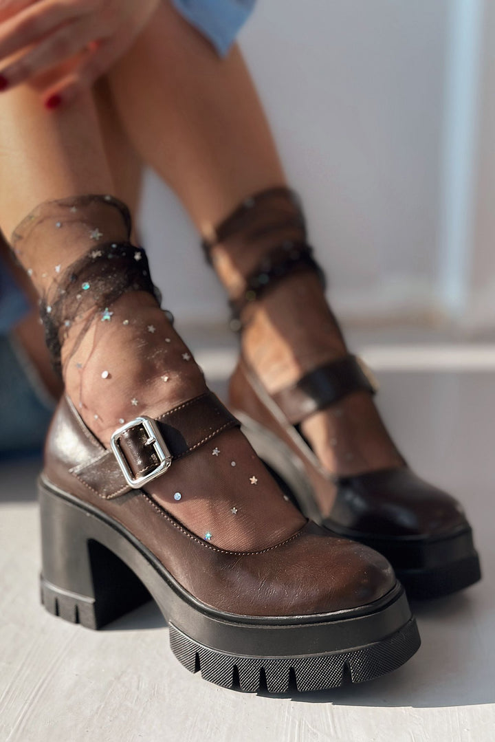 Solea Kalın Taban Topuklu Mary Jane Acı Kahve Mat Deri - ILOVESHOES